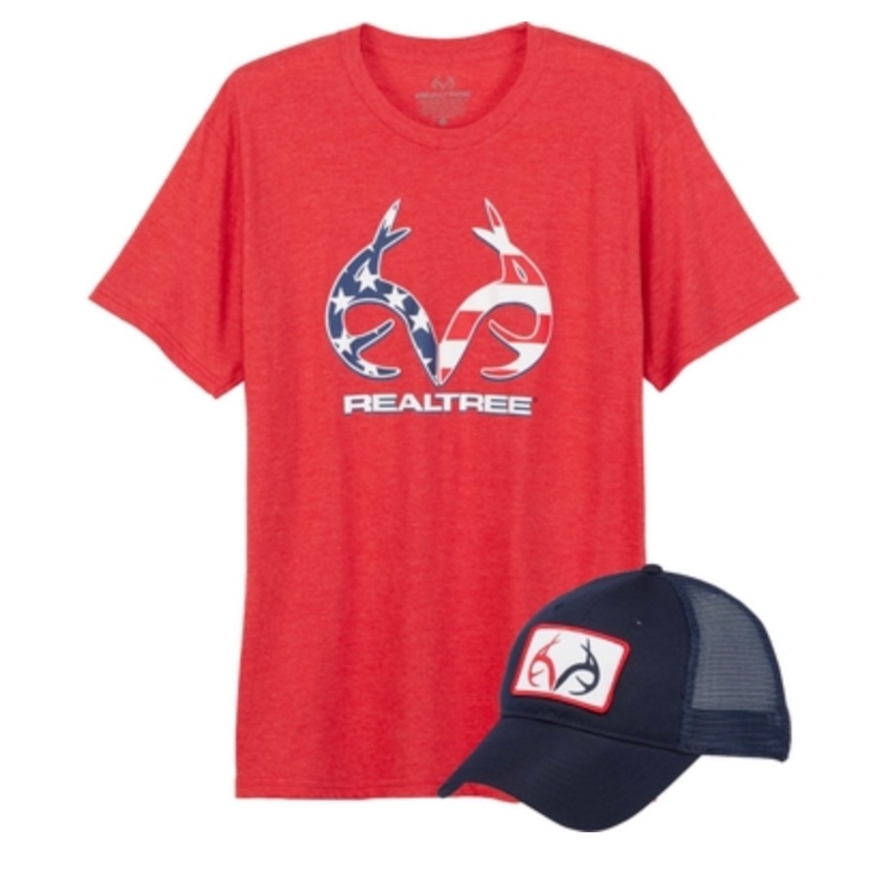 NEW Realtree Men’s Patriotic American Flag Tee and Matching Cap Stars and Stripe